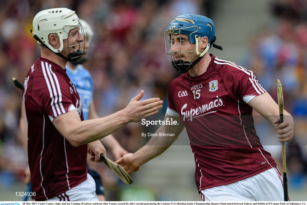 28 May 2017; Conor Cooney, right, and Joe Canning of Galway celebrate after Cooney scored his side's second goal during the Leinster GAA Hurling Senior Championship Quarter-Final match between Galway and Dublin at O'Connor Park, in Tullamore, Co. Offaly. Photo by Daire Brennan/Sportsfile