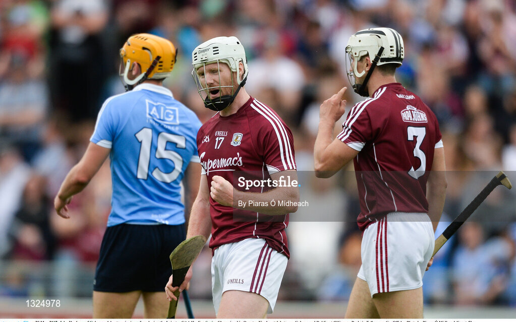 28 May 2017; John Hanbury of Galway celebrates winning a free during the Leinster GAA Hurling Senior Championship Quarter-Final match between Galway and Dublin at O'Connor Park, in Tullamore, Co. Offaly.  Photo by Piaras Ó Mídheach/Sportsfile