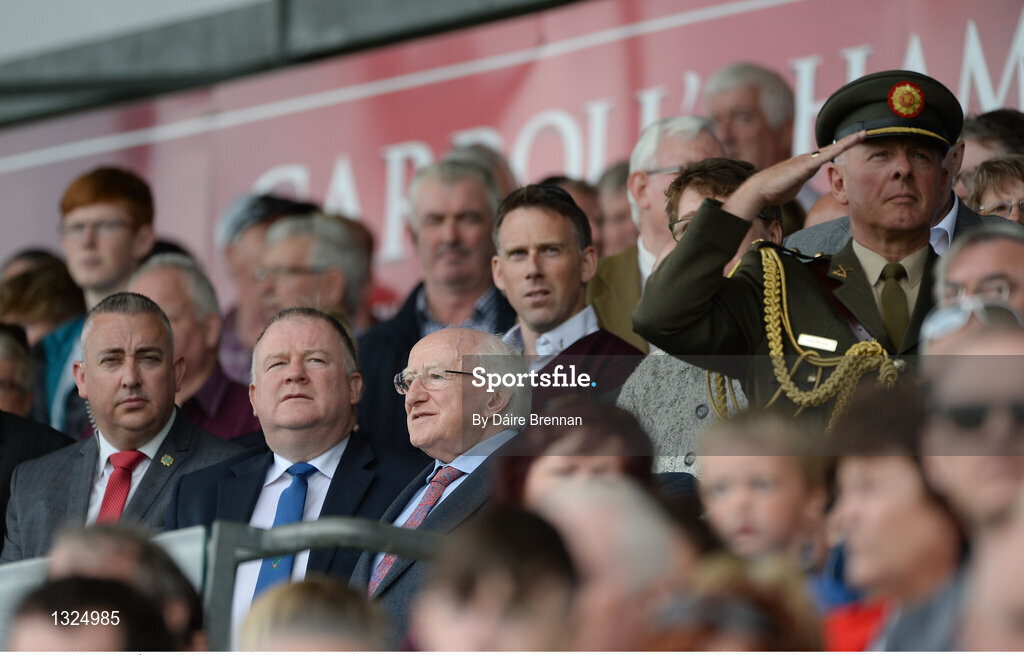 28 May 2017; Uachtarán na hÉireann Michael D Higgins during the national anthem ahead of the Leinster GAA Hurling Senior Championship Quarter-Final match between Galway and Dublin at O'Connor Park, in Tullamore, Co. Offaly. Photo by Daire Brennan/Sportsfile