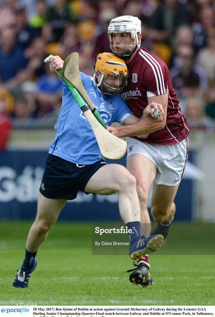 28 May 2017; Ben Quinn of Dublin in action against Gearóid McInerney of Galway during the Leinster GAA Hurling Senior Championship Quarter-Final match between Galway and Dublin at O'Connor Park, in Tullamore, Co. Offaly. Photo by Daire Brennan/Sportsfile