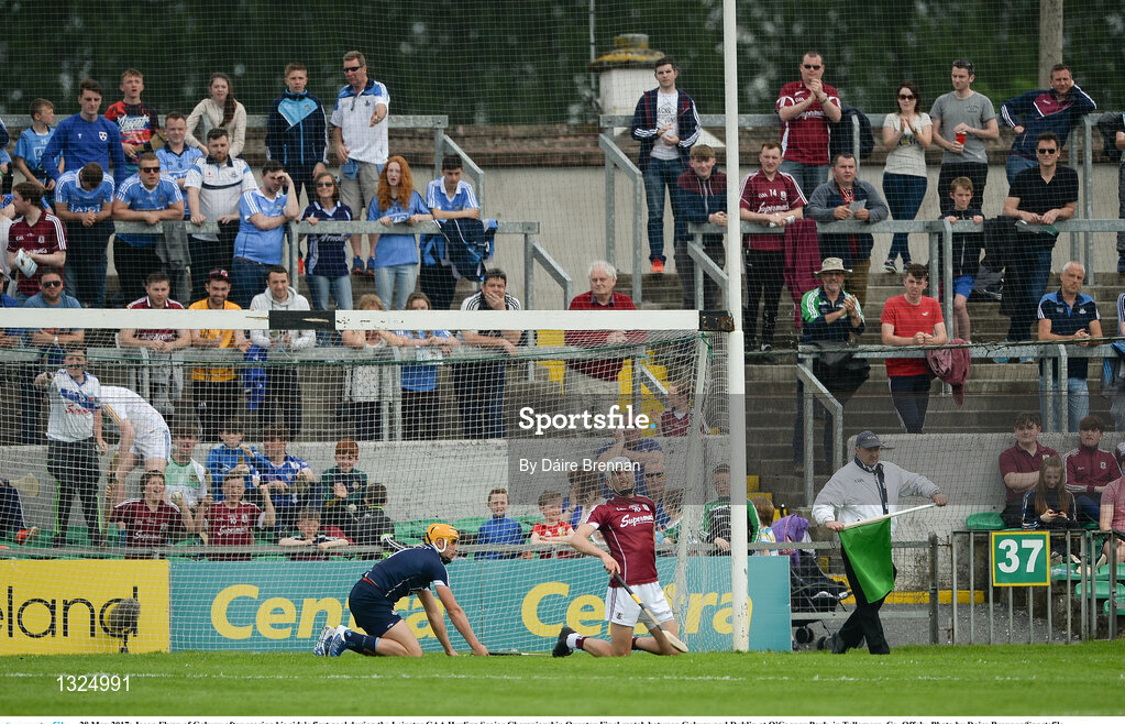 28 May 2017; Jason Flynn of Galway after scoring his side's first goal during the Leinster GAA Hurling Senior Championship Quarter-Final match between Galway and Dublin at O'Connor Park, in Tullamore, Co. Offaly. Photo by Daire Brennan/Sportsfile