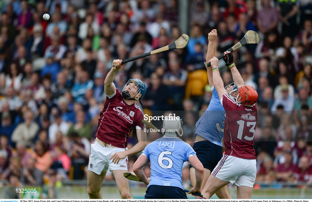 28 May 2017; Jason Flynn, left, and Conor Whelan of Galway in action against Liam Rushe, left, and Eoghan O'Donnell of Dublin during the Leinster GAA Hurling Senior Championship Quarter-Final match between Galway and Dublin at O'Connor Park, in Tullamore, Co. Offaly. Photo by Daire Brennan/Sportsfile