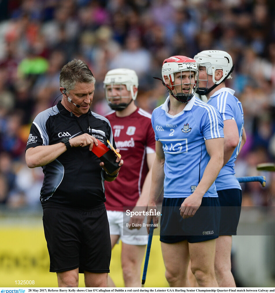 28 May 2017; Referee Barry Kelly shows Cian O'Callaghan of Dublin a red card during the Leinster GAA Hurling Senior Championship Quarter-Final match between Galway and Dublin at O'Connor Park, in Tullamore, Co. Offaly. Photo by Daire Brennan/Sportsfile