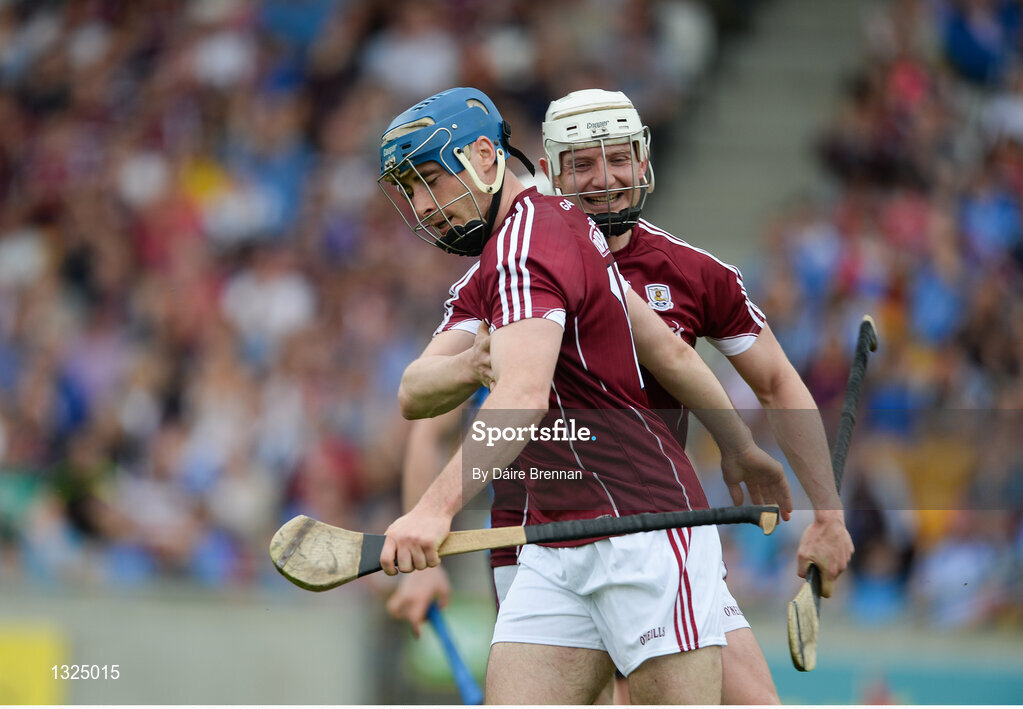 28 May 2017; Conor Cooney, left, and Joe Canning of Galway celebrate after Cooney scored his side's second goal during the Leinster GAA Hurling Senior Championship Quarter-Final match between Galway and Dublin at O'Connor Park, in Tullamore, Co. Offaly. Photo by Daire Brennan/Sportsfile