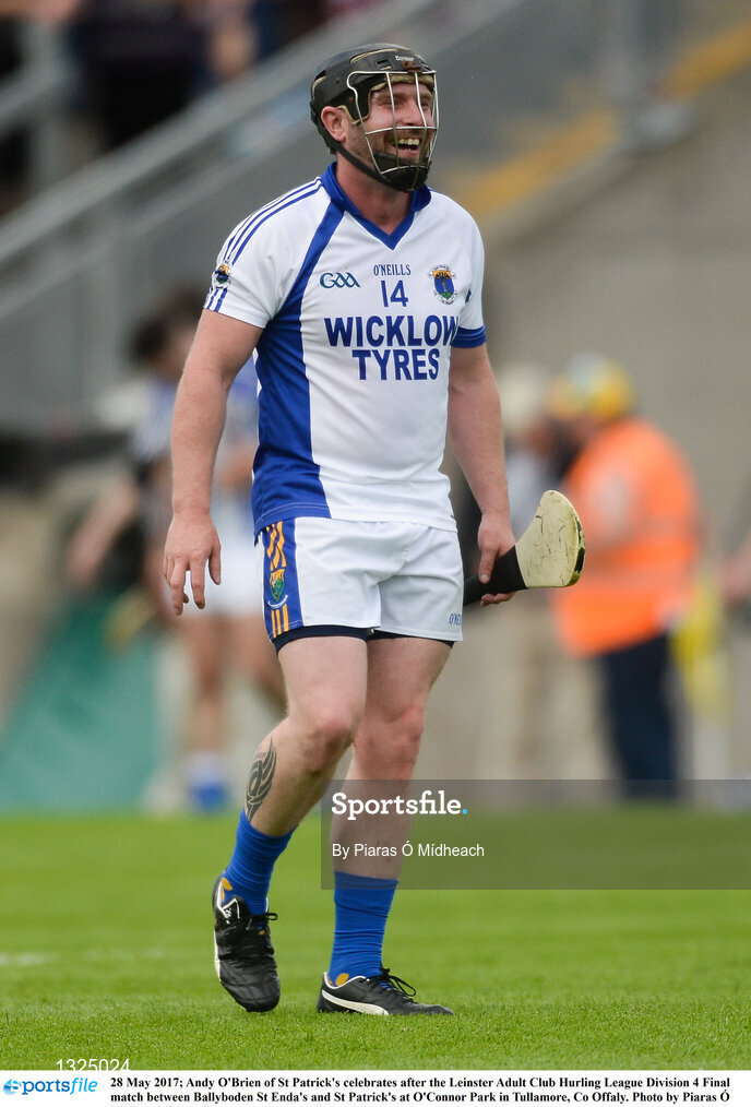28 May 2017; Andy O'Brien of St Patrick's celebrates after the Leinster Adult Club Hurling League Division 4 Final match between Ballyboden St Enda's and St Patrick's at O'Connor Park in Tullamore, Co Offaly. Photo by Piaras Ó Mídheach/Sportsfile