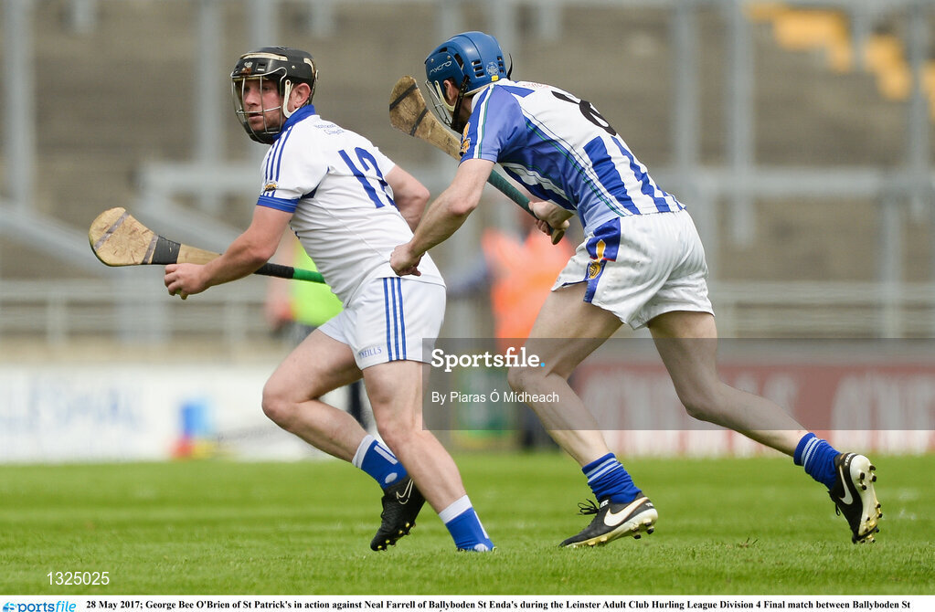 28 May 2017; George Bee O'Brien of St Patrick's in action against Neal Farrell of Ballyboden St Enda's during the Leinster Adult Club Hurling League Division 4 Final match between Ballyboden St Enda's and St Patrick's at O'Connor Park in Tullamore, Co Offaly. Photo by Piaras Ó Mídheach/Sportsfile