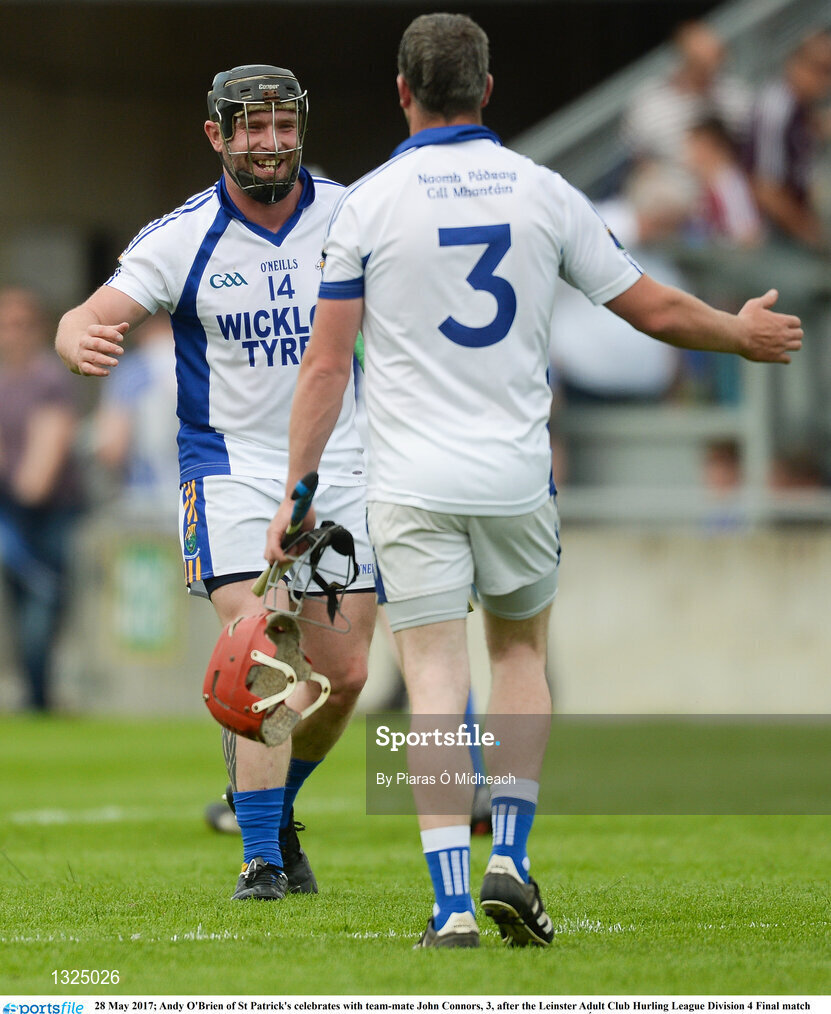 28 May 2017; Andy O'Brien of St Patrick's celebrates with team-mate John Connors, 3, after the Leinster Adult Club Hurling League Division 4 Final match between Ballyboden St Enda's and St Patrick's at O'Connor Park in Tullamore, Co Offaly. Photo by Piaras Ó Mídheach/Sportsfile