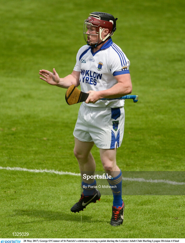 28 May 2017; George O'Connor of St Patrick's celebrates scoring a point during the Leinster Adult Club Hurling League Division 4 Final match between Ballyboden St Enda's and St Patrick's at O'Connor Park in Tullamore, Co Offaly. Photo by Piaras Ó Mídheach/Sportsfile