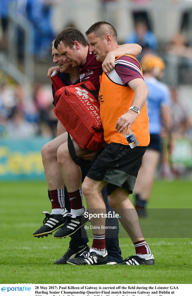28 May 2017; Paul Killeen of Galway is carried off the field during the Leinster GAA Hurling Senior Championship Quarter-Final match between Galway and Dublin at O'Connor Park, in Tullamore, Co. Offaly. Photo by Daire Brennan/Sportsfile