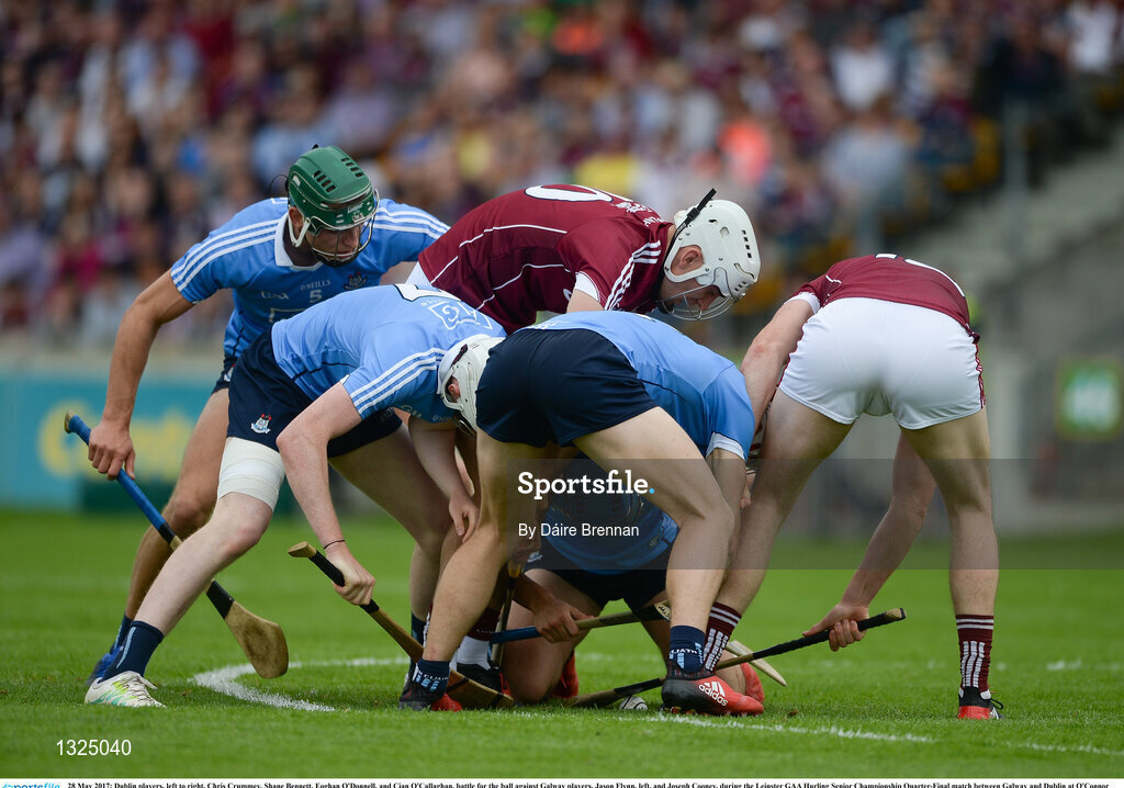 28 May 2017; Dublin players, left to right, Chris Crummey, Shane Bennett, Eoghan O'Donnell, and Cian O'Callaghan, battle for the ball against Galway players, Jason Flynn, left, and Joseph Cooney, during the Leinster GAA Hurling Senior Championship Quarter-Final match between Galway and Dublin at O'Connor Park, in Tullamore, Co. Offaly. Photo by Daire Brennan/Sportsfile