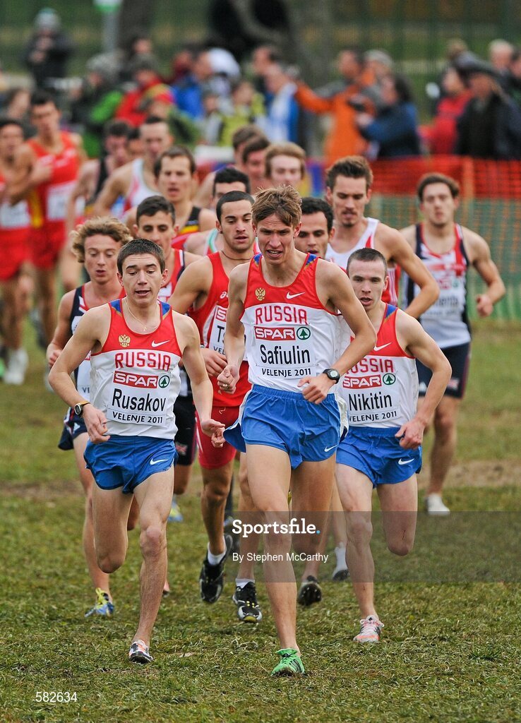 11 December 2011; Russian athletes in action during the Junior Men's event at the 18th SPAR European Cross Country Championships 2011. Velenje, Slovenia. Picture credit: Stephen McCarthy / SPORTSFILE