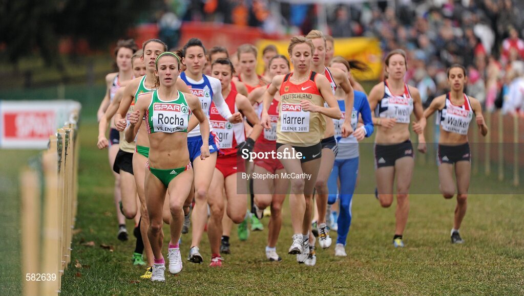 11 December 2011; Carla Salomé Rocha, Portugal, leads the field during the U23 Women's event at the 18th SPAR European Cross Country Championships 2011. Velenje, Slovenia. Picture credit: Stephen McCarthy / SPORTSFILE