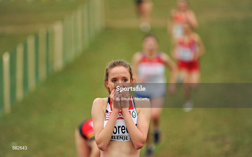 11 December 2011; Emelia Gorecka, Great Britain, after winning the Junior Women's event at the 18th SPAR European Cross Country Championships 2011. Velenje, Slovenia. Picture credit: Stephen McCarthy / SPORTSFILE