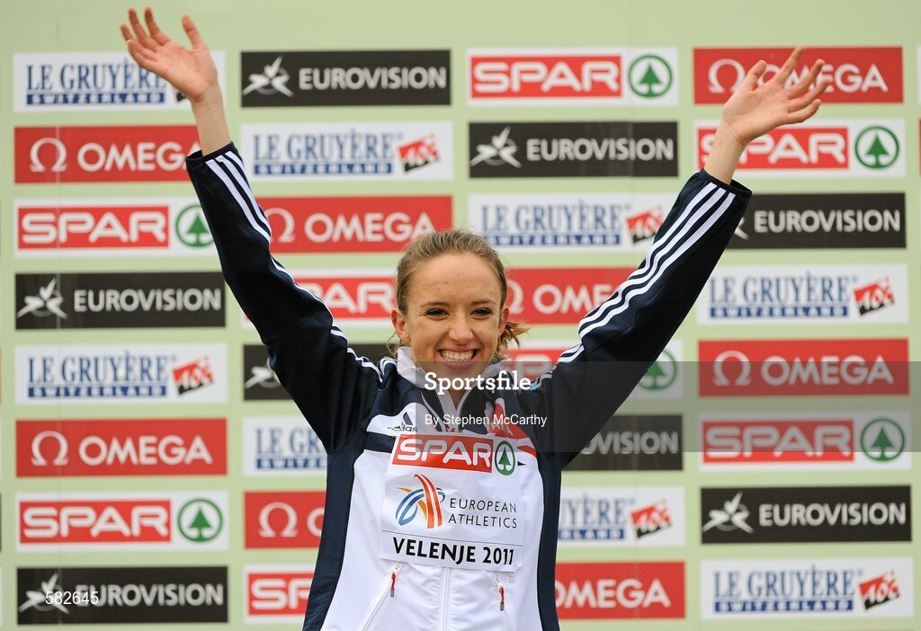11 December 2011; Emelia Gorecka, Great Britain, after winning the Junior Women's event at the 18th SPAR European Cross Country Championships 2011. Velenje, Slovenia. Picture credit: Stephen McCarthy / SPORTSFILE