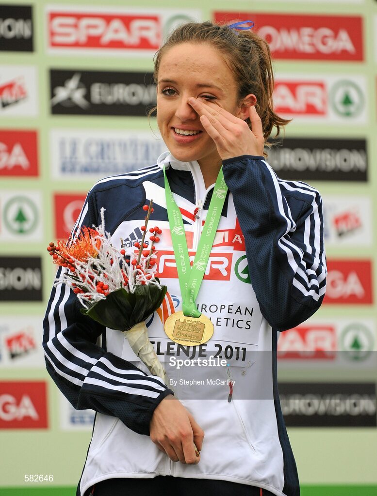 11 December 2011; Emelia Gorecka, Great Britain, after winning the Junior Women's event at the 18th SPAR European Cross Country Championships 2011. Velenje, Slovenia. Picture credit: Stephen McCarthy / SPORTSFILE