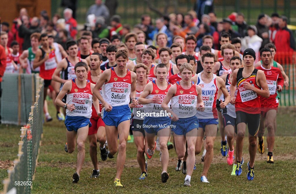 11 December 2011; Russian athletes in action during the Junior Men's event at the 18th SPAR European Cross Country Championships 2011. Velenje, Slovenia. Picture credit: Stephen McCarthy / SPORTSFILE