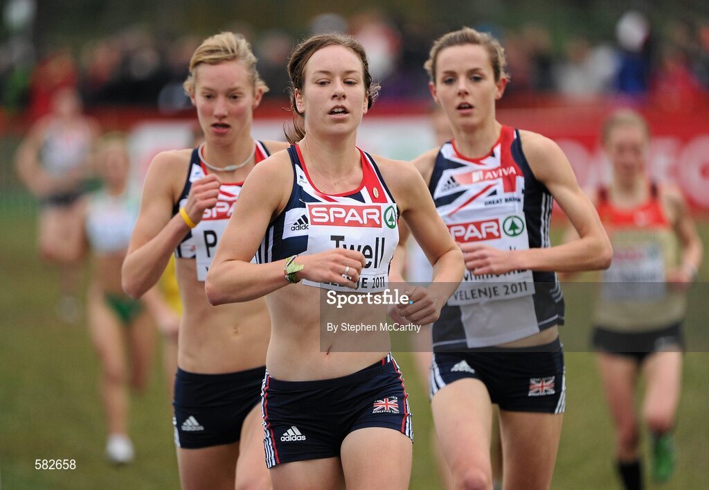 11 December 2011; Great Britain athletes, from left, Emma Pallant, Stephanie Twell and Naomi Taschimowitz in action during the U23 Women's event at the 18th SPAR European Cross Country Championships 2011. Velenje, Slovenia. Picture credit: Stephen McCarthy / SPORTSFILE