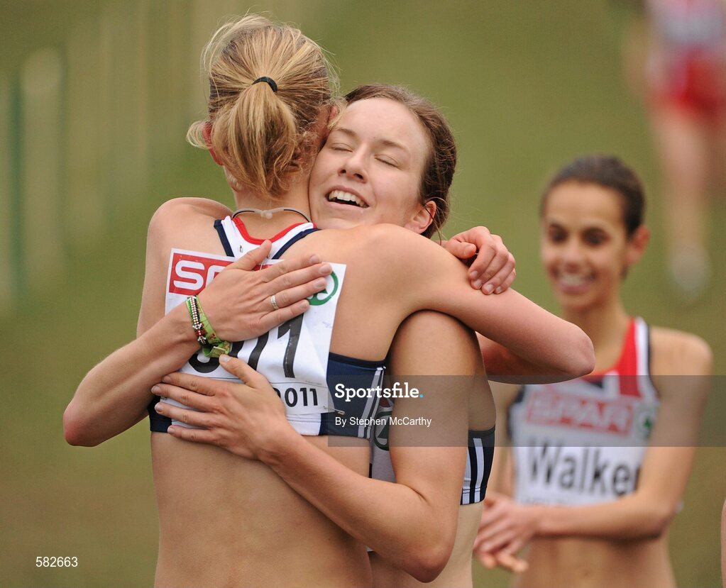 11 December 2011; Emma Pallant, Great Britain, celebrates with team-mate  Stephanie Twell, right, after winning the U23 Women's event at the 18th SPAR European Cross Country Championships 2011. Velenje, Slovenia. Picture credit: Stephen McCarthy / SPORTSFILE
