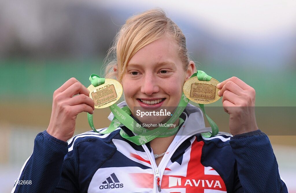 11 December 2011; Emma Pallant, Great Britain, with her individual and team gold medals following the U23 Women's event at the 18th SPAR European Cross Country Championships 2011. Velenje, Slovenia. Picture credit: Stephen McCarthy / SPORTSFILE