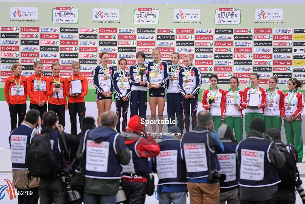 11 December 2011; The victorious Great Britain team, second place Germany team and third place Portugal teams pose for photographers following the U23 Women's event at the 18th SPAR European Cross Country Championships 2011. Velenje, Slovenia. Picture credit: Stephen McCarthy / SPORTSFILE