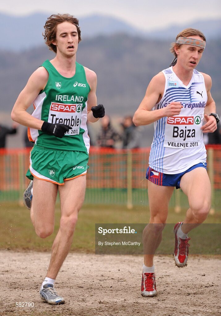 11 December 2011; Liam Tremble, Ireland, and Jakub Bajza, Czech Republic, in action during the U23 Men's event at the 18th SPAR European Cross Country Championships 2011. Velenje, Slovenia. Picture credit: Stephen McCarthy / SPORTSFILE