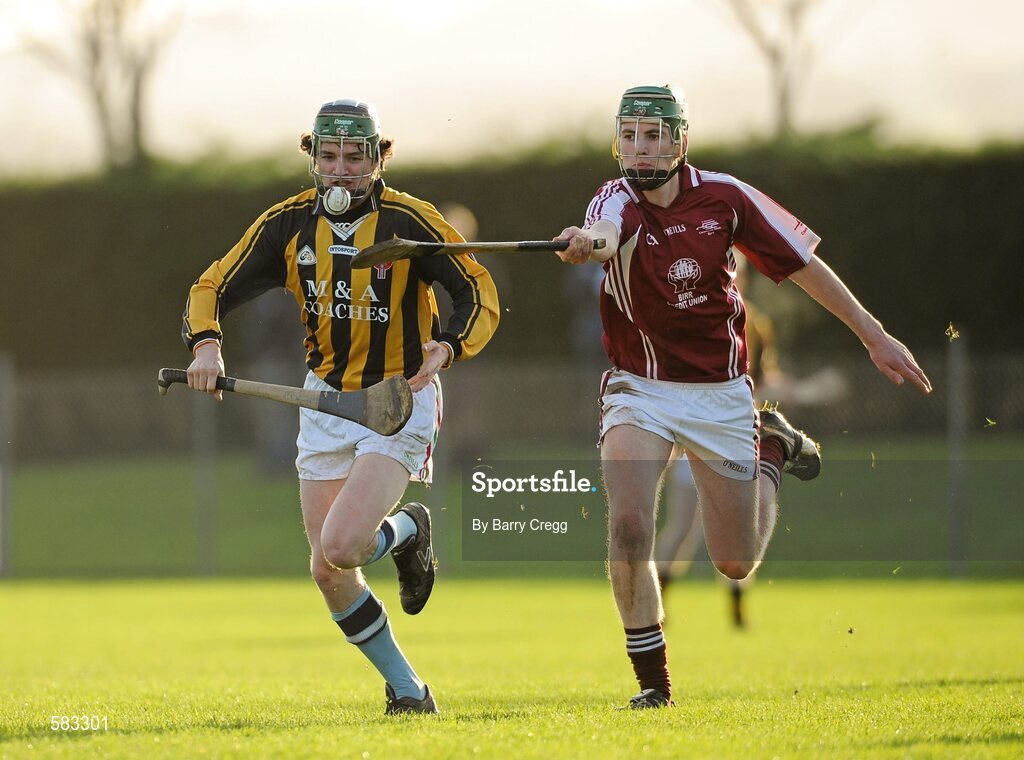 1 December 2011; Luke Maher, Castlecomer CS, in action against Eoin Hayes, St. Brendan’s Birr. Leinster Colleges Senior Hurling “A” League Semi Final, St. Brendan’s Birr, Offaly, v Castlecomer CS, Kilkenny, Park Ratheniska GAA Grounds, Ratheniska, Co. Laois. Picture credit: Barry Cregg / SPORTSFILE