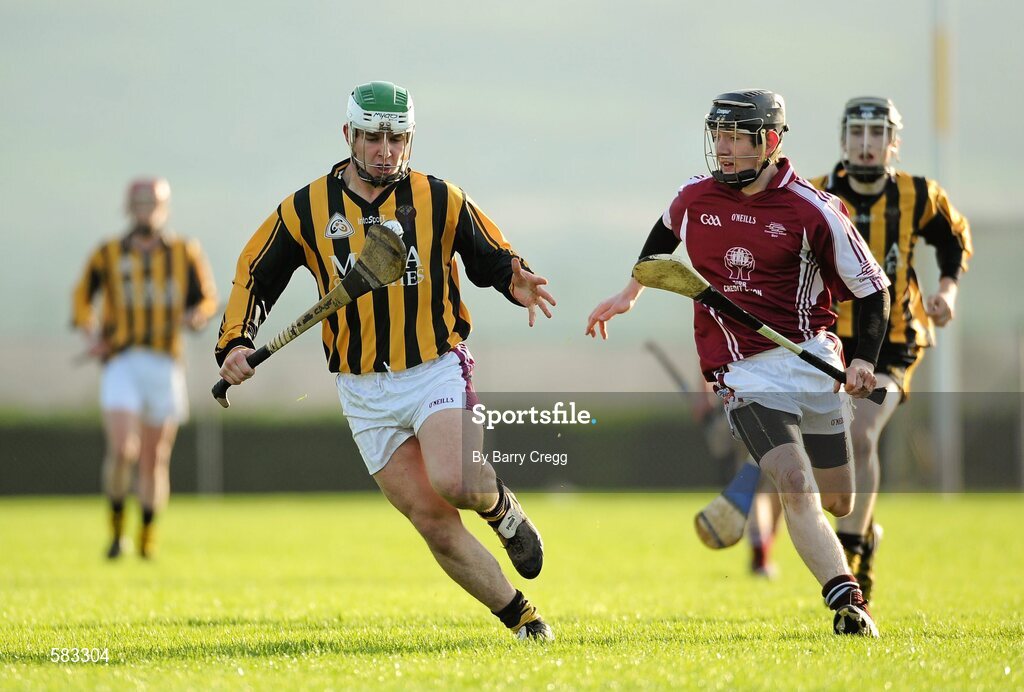 1 December 2011; Charles Dwyer, Castlecomer CS, in action against Conor Fitzgerald, St. Brendan’s Birr. Leinster Colleges Senior Hurling “A” League Semi Final, St. Brendan’s Birr, Offaly, v Castlecomer CS, Kilkenny, Park Ratheniska GAA Grounds, Ratheniska, Co. Laois. Picture credit: Barry Cregg / SPORTSFILE
