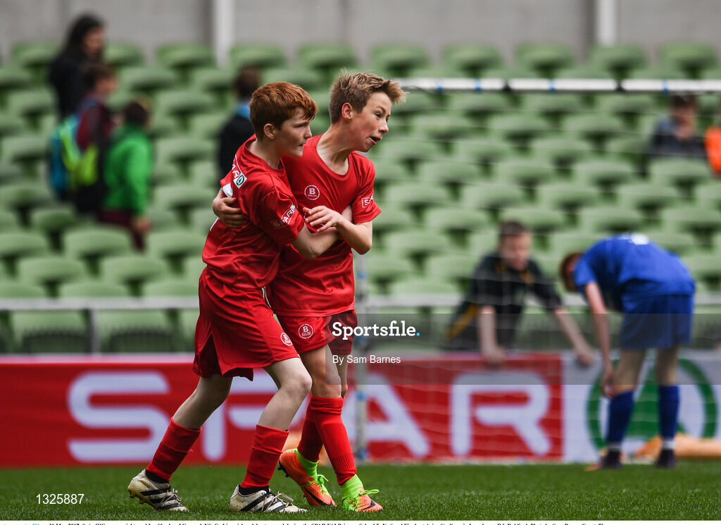 31 May 2017; Seán O'Gorman, right, and Ian Sheehy of Granagh NS, Co Limerick, celebrate a goal during the SPAR FAI Primary School 5s National Finals at Aviva Stadium, in Lansdowne Rd, Dublin 4. Photo by Sam Barnes/Sportsfile