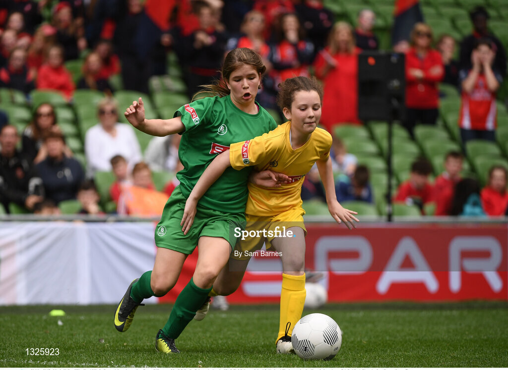 31 May 2017;  Maria Kelly of Woodland NS, Co Donegal, in action against Grace O'Connor of Scoil Róis, Co Galway, during the SPAR FAI Primary School 5s National Finals at Aviva Stadium, in Lansdowne Rd, Dublin 4. Photo by Sam Barnes/Sportsfile