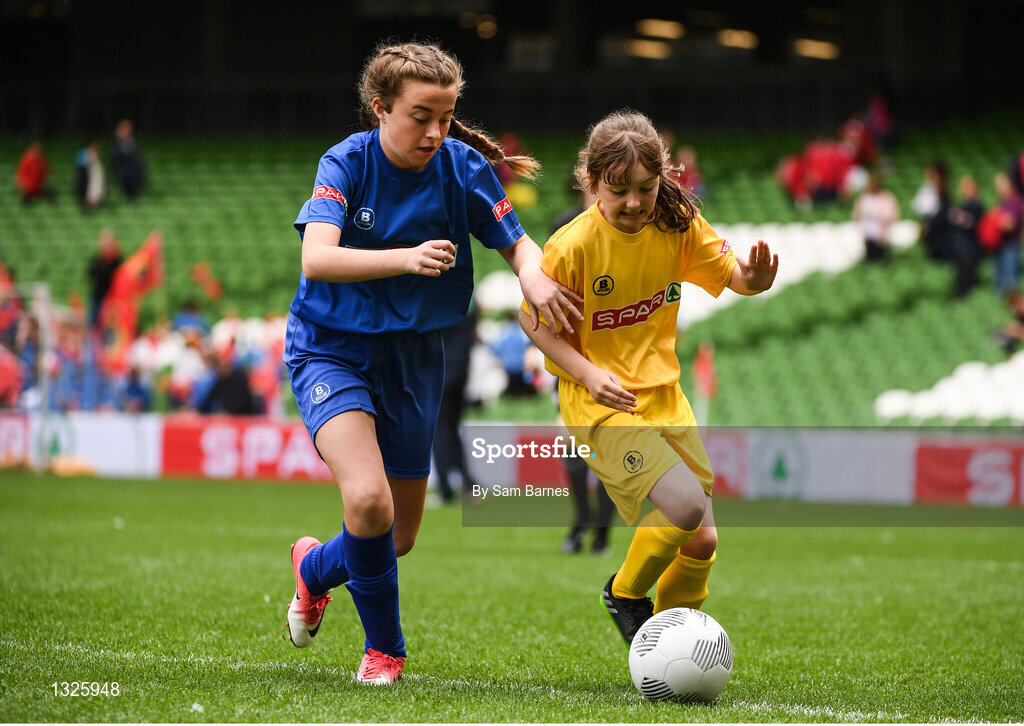 31 May 2017; Rachael Ní Fhríl of Scoil Mhuire, Co Donegal, in action against Chloe Rogers of Boyerstown NS, Co Meath, during the SPAR FAI Primary School 5s National Finals at Aviva Stadium, in Lansdowne Rd, Dublin 4. Photo by Sam Barnes/Sportsfile