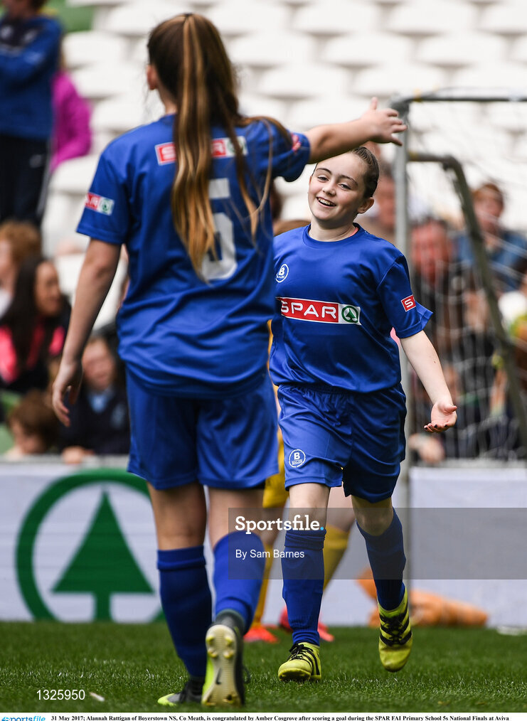 31 May 2017; Alannah Rattigan of Boyerstown NS, Co Meath, is congratulated by Amber Cosgrove after scoring a goal during the SPAR FAI Primary School 5s National Finals at Aviva Stadium, in Lansdowne Rd, Dublin 4. Photo by Sam Barnes/Sportsfile