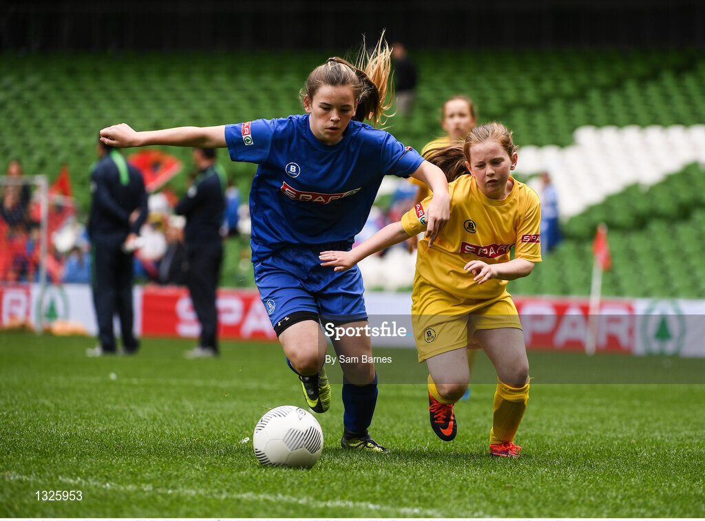 31 May 2017; Amber Cosgrove of Boyerstown NS, Co Meath, in action against Rachael NÍ Fhríl of Scoil Mhuire, Co Donegal, during the SPAR FAI Primary School 5s National Finals at Aviva Stadium, in Lansdowne Rd, Dublin 4. Photo by Sam Barnes/Sportsfile
