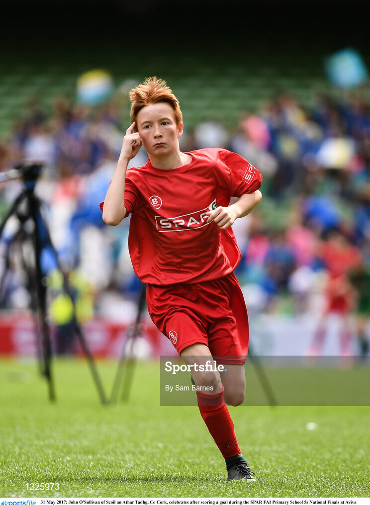 31 May 2017; John O'Sullivan of Scoil an Athar Tadhg, Co Cork, celebrates after scoring a goal during the SPAR FAI Primary School 5s National Finals at Aviva Stadium, in Lansdowne Rd, Dublin 4. Photo by Sam Barnes/Sportsfile