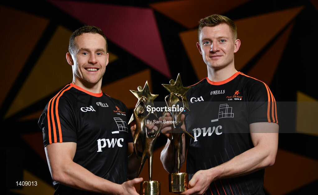 3 November 2017; Mayo Footballer Andy Moran, left, and Galway Hurler Joe Canning, with their   PwC GAA/GPA Footballer and Hurler of the Year Awards at the PwC All Stars 2017 at the Convention Centre in Dublin. Photo by Sam Barnes/Sportsfile