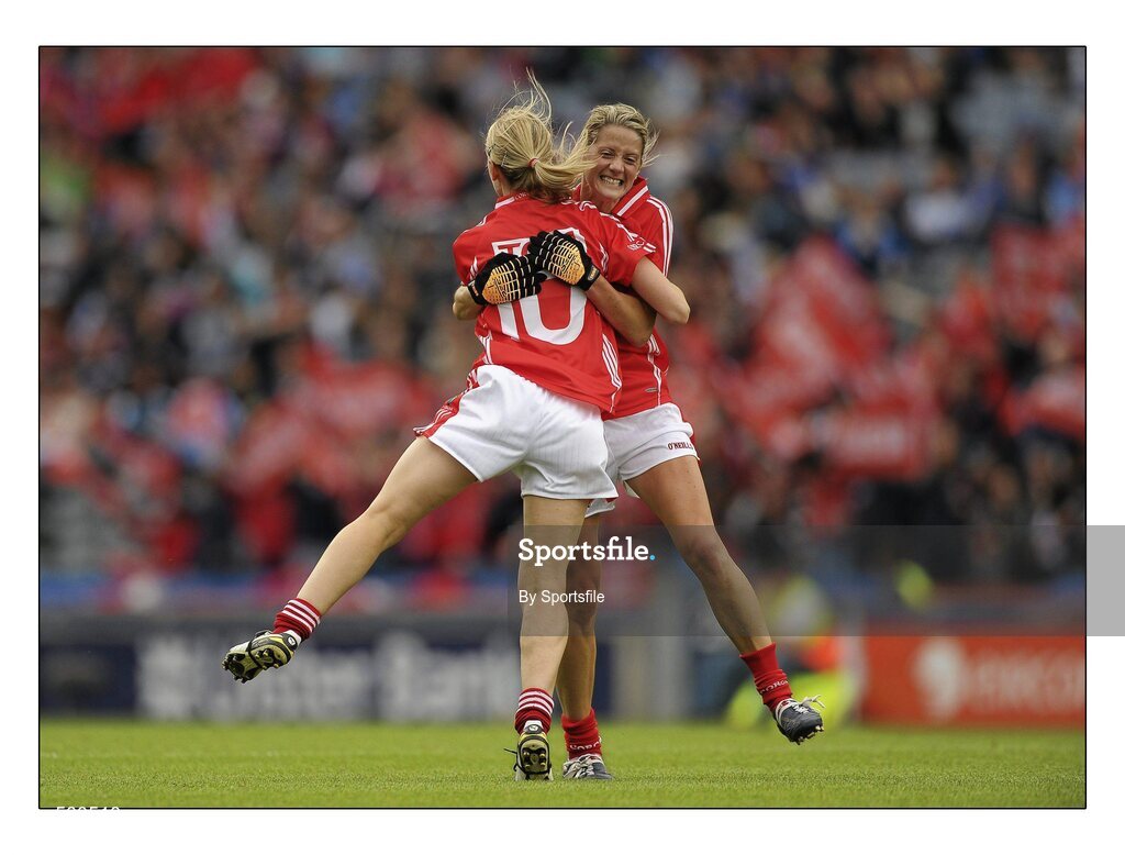 25 September 2011; Nollaig Cleary, Cork, is congratulated after scoring her side's first goal by team-mate Juliet Murphy, right. TG4 All-Ireland Ladies Senior Football Championship Final, Cork v Monaghan, Croke Park, Dublin. Photo by Sportsfile