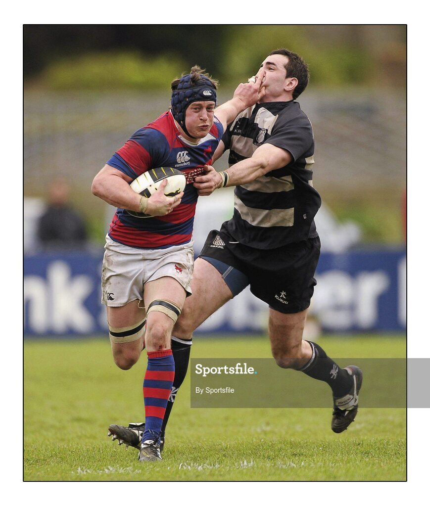 16 April 2011; Barry O'Mahony, Clontarf, in action against Richie Leydon, Old Belvedere. Ulster Bank League, Division 1, Semi-Final, Old Belvedere v Clontarf, Old Belvedere Rugby Club, Old Anglesea Road, Donnybrook, Dublin. Photo by Sportsfile