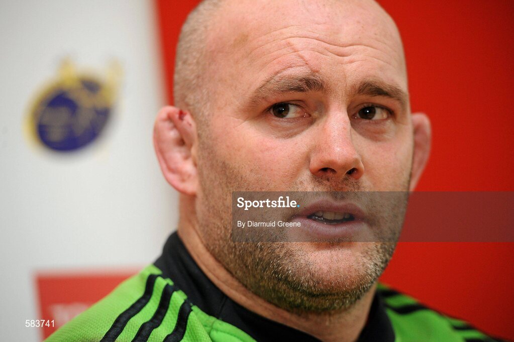 22 December 2011; Munster's John Hayes speaking during a press conference ahead of their Celtic League game against Connacht on Monday. Munster Rugby Press Conference, Kilballyowen Park, Bruff, Co. Limerick. Picture credit: Diarmuid Greene / SPORTSFILE