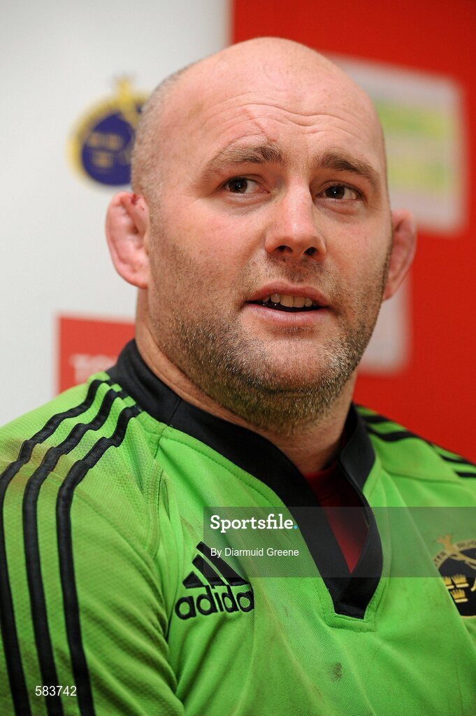 22 December 2011; Munster's John Hayes speaking during a press conference ahead of their Celtic League game against Connacht on Monday. Munster Rugby Press Conference, Kilballyowen Park, Bruff, Co. Limerick. Picture credit: Diarmuid Greene / SPORTSFILE