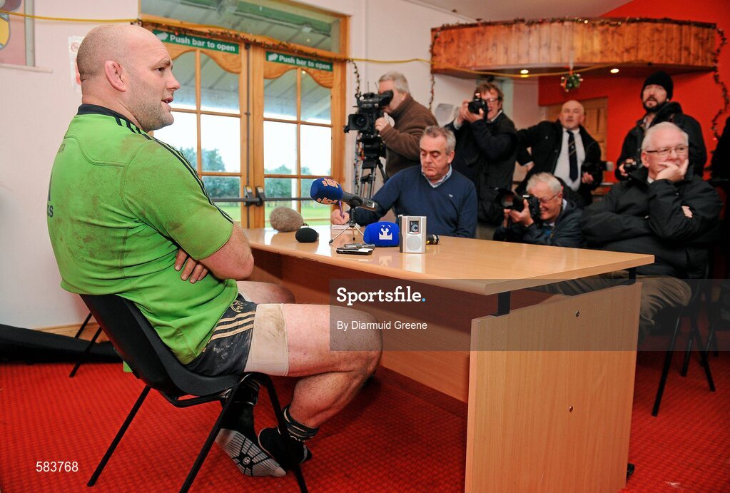22 December 2011; Munster's John Hayes speaking during a press conference ahead of their Celtic League game against Connacht on Monday. Munster Rugby Press Conference, Kilballyowen Park, Bruff, Co. Limerick. Picture credit: Diarmuid Greene / SPORTSFILE