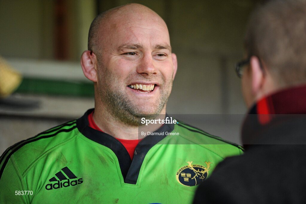 22 December 2011; Munster's John Hayes is interviewed for TV after a press conference ahead of their Celtic League game against Connacht on Monday. Munster Rugby Press Conference, Kilballyowen Park, Bruff, Co. Limerick. Picture credit: Diarmuid Greene / SPORTSFILE