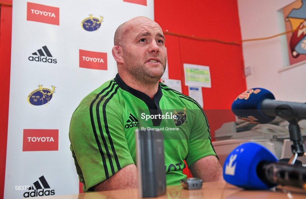 22 December 2011; Munster's John Hayes speaking during a press conference ahead of their Celtic League game against Connacht on Monday. Munster Rugby Press Conference, Kilballyowen Park, Bruff, Co. Limerick. Picture credit: Diarmuid Greene / SPORTSFILE