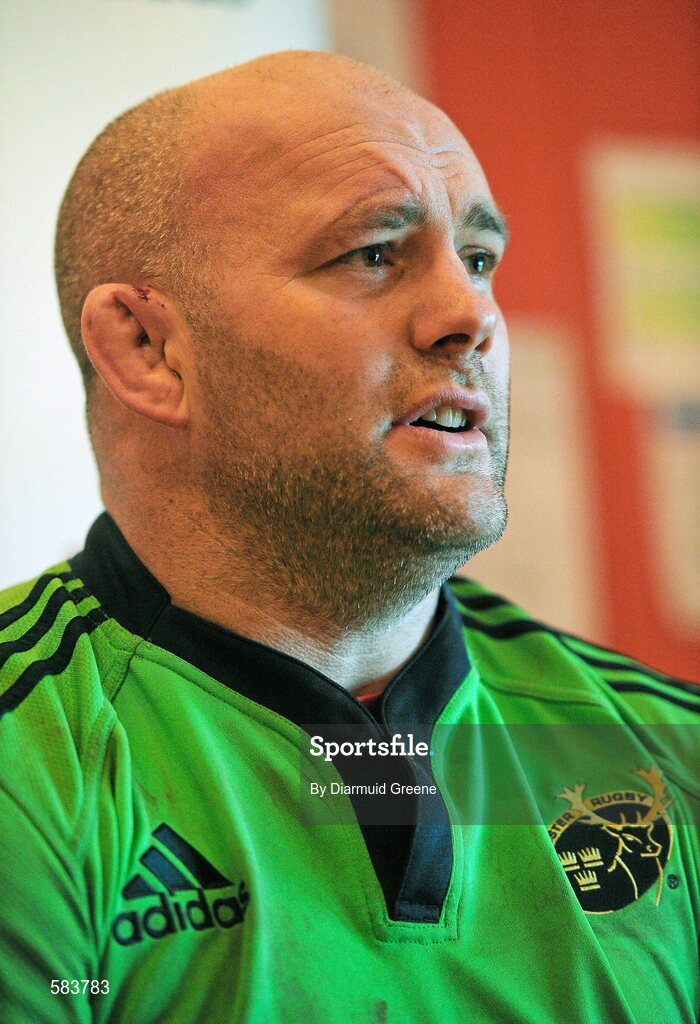 22 December 2011; Munster's John Hayes speaking during a press conference ahead of their Celtic League game against Connacht on Monday. Munster Rugby Press Conference, Kilballyowen Park, Bruff, Co. Limerick. Picture credit: Diarmuid Greene / SPORTSFILE
