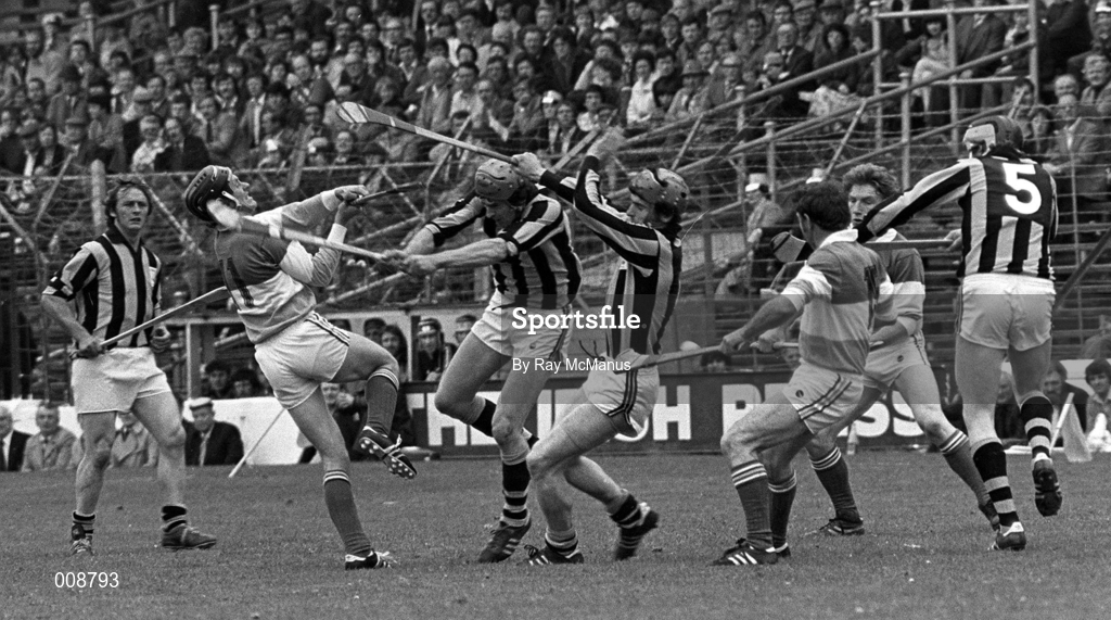13 July 1980; Brendan Birmingham of Offaly in action against Ger Henderson and John Henderson of Kilkenny during the Leinster Senior Hurling Championship Final match between Kilkenny and Offaly at Croke Park, Dublin. Photo by Ray McManus/Sportsfile