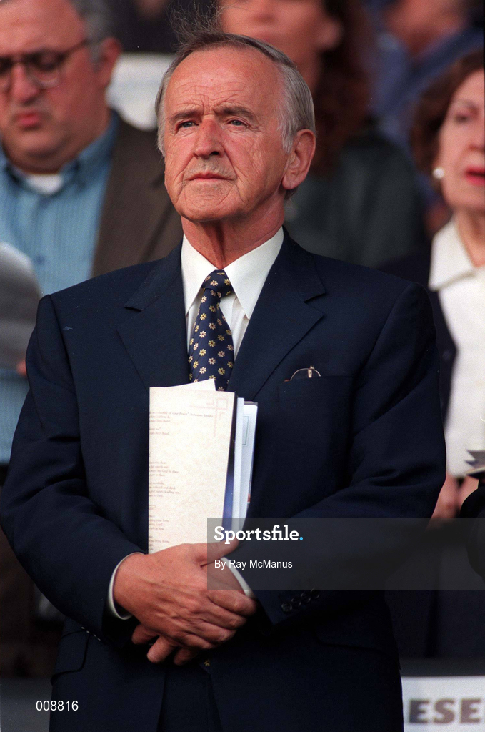 22 August 1998; Former Taoiseach Albert Reynolds stands in respect as the Multi Demominational Service in memory of the Omagh Bombing before the Guinness All-Ireland Hurling All-Ireland Senior Championship Semi-Final Replay match between Clare and Offaly at Croke Park in Dublin. Photo by Ray McManus/Sportsfile