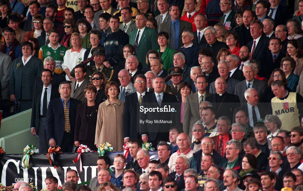 13 September 1998; Attendees standing for Amhrán na bhFiann, including Ard Stiúrthoir of the GAA Liam Mulvihill, President of Ireland Mary McAleese, Uachtarán Chumann Lúthchleas Gael Joe McDonagh, and An Taoiseach Bertie Ahern TD before the Guinness All-Ireland Senior Hurling Championship Final match between Kilkenny and Offaly at Croke Park in Dublin. Photo by Ray McManus/Sportsfile
