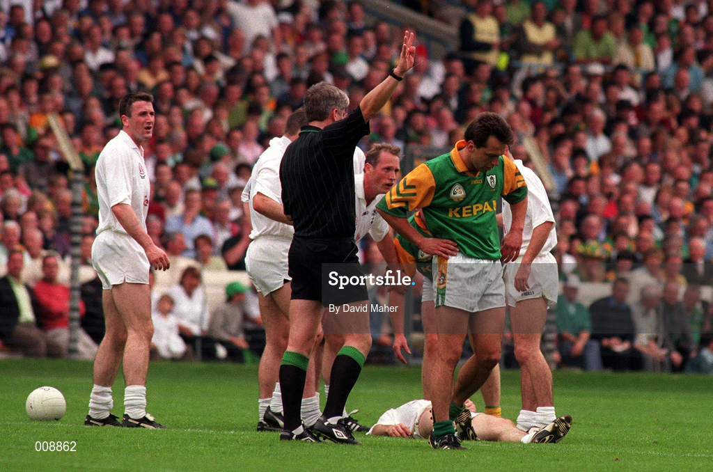 2 August 1998; Brendan Reilly of Meath, right, is sent off by referee John Bannon for a foul on Declan Kerrigan of Kildare during the Bank of Ireland Leinster Senior Football Championship Final match between Kildare and Meath at Croke Park in Dublin. Photo by David Maher/Sportsfile
