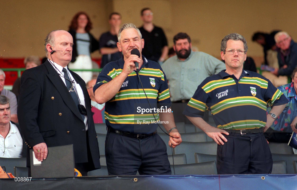 22 August 1998; Offaly County Board Chairman Brendan Ward, centre, alongside Offaly County Board Secretary Christy Todd, right, Croke Park official Pat Guthrie, appeals to Offaly fans to end their protest on the pitch after the full-time whistle was blown early referee Jimmy Cooney at Guinness All-Ireland Hurling All-Ireland Senior Championship Semi-Final Replay match between Clare and Offaly at Croke Park in Dublin. Photo by Ray McManus/Sportsfile