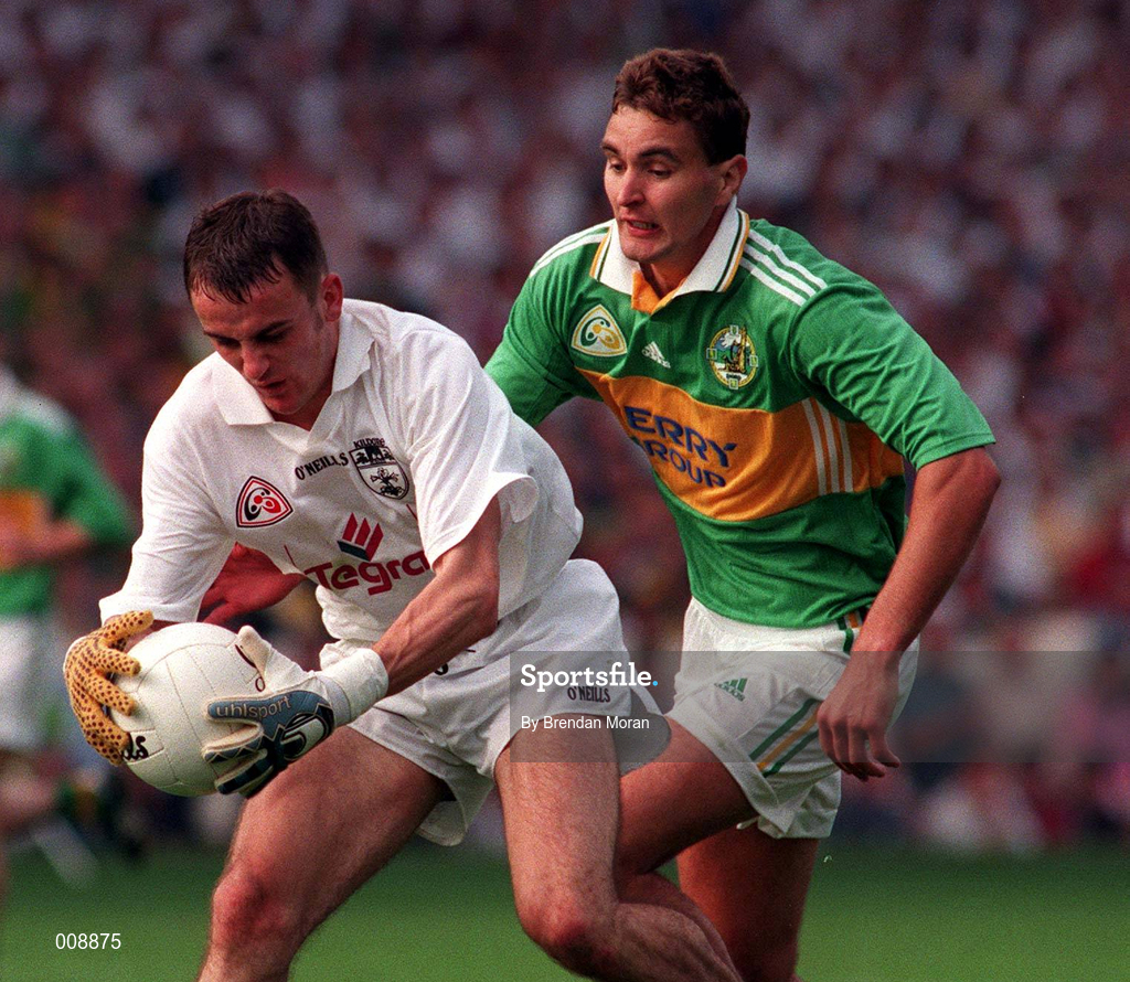 30th, August 1998; Brian Lacey of Kidare in action against Maurice Fitzgerald of Kerry during the Bank of Ireland All-Ireland Senior Football Championship Semi-Final match between Kerry and Kildare at Croke Park in Dublin. Photo by Brendan Moran/Sportsfile