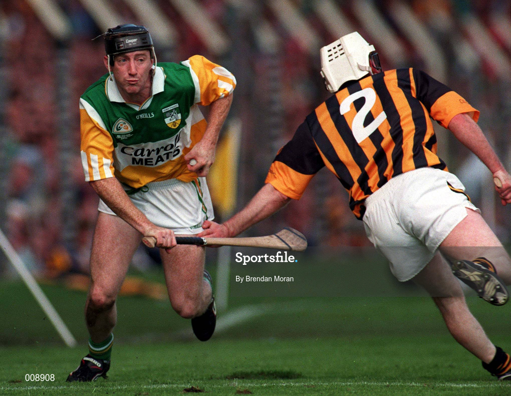 13 September 1998; Brian Whelahan of Offaly is tackled by Tom Hickey of Kilkenny during the Guinness All-Ireland Senior Hurling Championship Final match between Kilkenny and Offaly at Croke Park in Dublin. Photo by Brendan Moran/Sportsfile