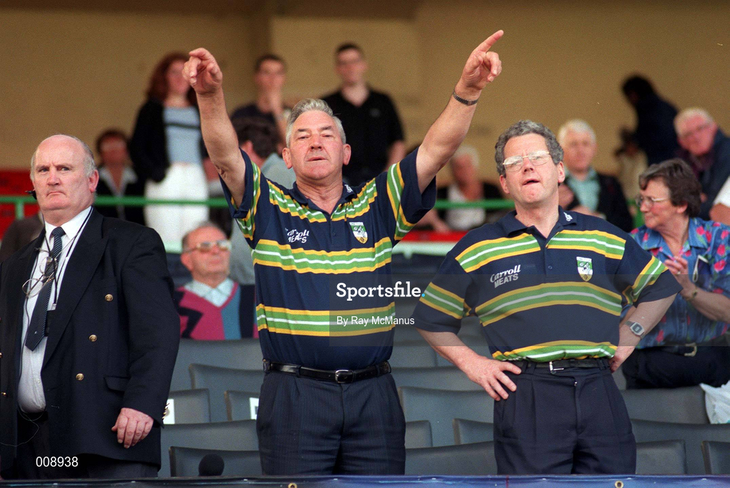 22 August 1998; Offaly County Board Chairman Brendan Ward, centre, alongside Offaly County Board Secretary Christy Todd, right, Croke Park official Pat Guthrie, appeals to Offaly fans to end their protest on the pitch after the full-time whistle was blown early referee Jimmy Cooney at Guinness All-Ireland Hurling All-Ireland Senior Championship Semi-Final Replay match between Clare and Offaly at Croke Park in Dublin. Photo by Ray McManus/Sportsfile